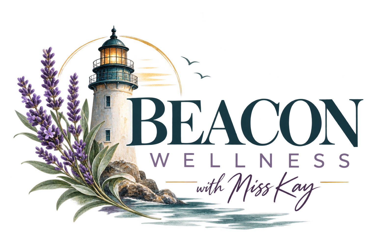 Beacon Wellness With Miss Kay logo - lighthouse, lavender, sunshine